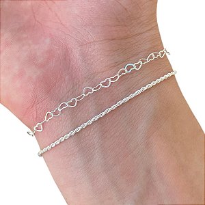 Kit 2 Pulseira de Prata 925 Elos de Corações e Cordão Baiano