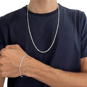 Conjunto Pulseira Corrente Masculina 3x1 3mm 70cm Prata 925