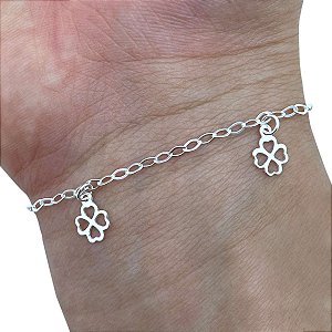 Pulseira Feminina Pingente Trevo Corações Prata 925 Legítima