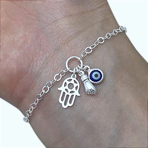 Pulseira Feminina Patuá Olho Grego Figa Hamsá de Prata 925