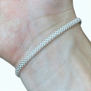 Pulseira Feminina Estilo Pipoca Achatada Prata 925 Legítima