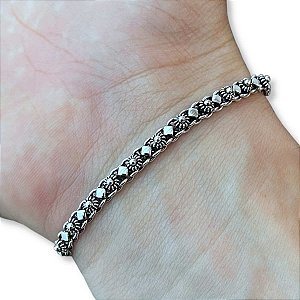 Pulseira Feminina Bali Envelhecida Flor Prata 925 Original