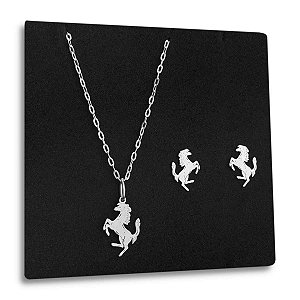 Corrente Pingente e Brinco Cavalo de Prata 925 Original 45cm