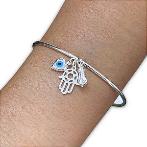 Bracelete Pulseira com Pingente Patuá Olho Grego Figa Mão de Fátima Prata 925 Legítima