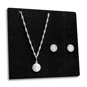 Corrente Singapura com Pingente e Brinco Medalha São Bento de Prata 925 45cm