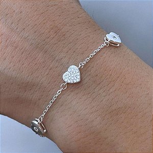 Pulseira Feminina Coração Zircônia Prata 925 Legítima Maciça