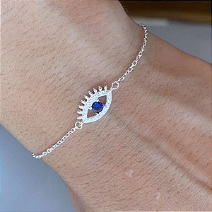 Pulseira Feminina Olho Pedra Zircônia Azul Prata 925 Maciça