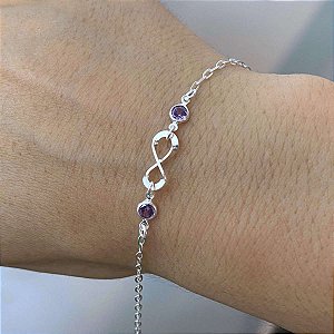 Pulseira Feminina Zircônia Roxa Infinito Prata 925 Legítima