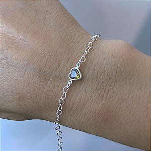 Pulseira Feminina Zircônia Furta Cor Elos Coração Prata 925