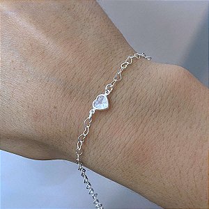Pulseira Feminina Zircônia Cristal Elos de Coração Prata 925
