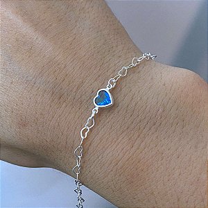 Pulseira Feminina Zircônia Azul Elos de Coração Prata 925