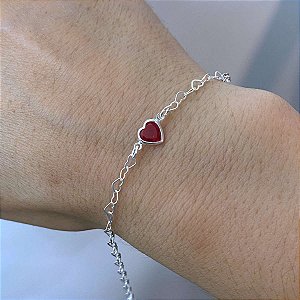 Pulseira Feminina Zircônia Vermelha Elos Coração Prata 925