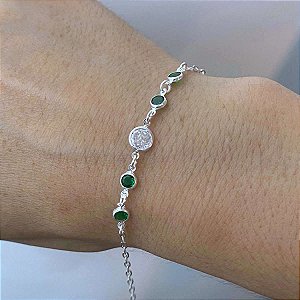 Pulseira Feminina Zircônia Verde Cristal Prata 925 Legítima