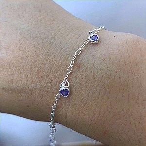 Pulseira Feminina Zircônia Coração Roxo Prata 925 Legítima