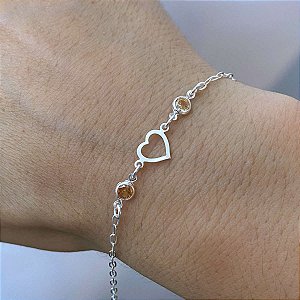 Pulseira Feminina 2 Zircônia Laranja e Coração de Prata 925
