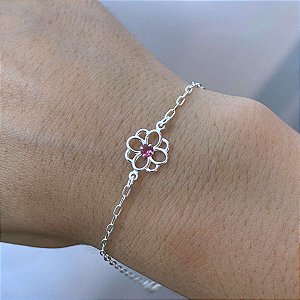 Pulseira Feminina Flor com Zircônia Rosa Prata 925 Legítima