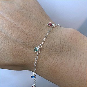 Pulseira Feminina 5 Zircônias Coração Coloridos de Prata 925