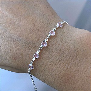 Pulseira Feminina Zircônias Coração Rosa Prata 925 Legítima