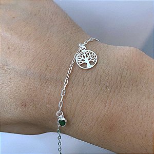 Pulseira Zircônias Coração Verdes e Árvore da Vida Prata 925