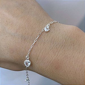 Pulseira Feminina Pedra Zircônia Coração Prata 925 Legítima