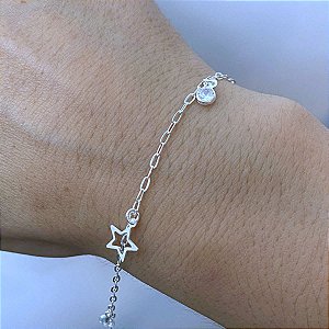 Pulseira Feminina 2 Zircônia e 1 Estrela Prata 925 Legítima