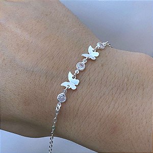 Pulseira Feminina Zircônia e Borboleta de Prata 925 Legítima