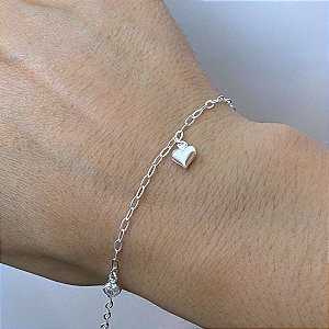 Pulseira Feminina 2 Zircônias e 1 Coração Prata 925 Legítima