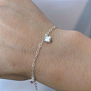 Pulseira Feminina 2 Zircônias Rosa e 1 Coração de Prata 925