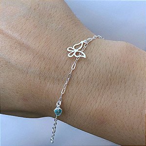 Pulseira Feminina Zircônia Azul Borboleta Prata 925 Legítima
