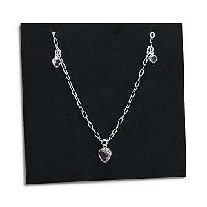 Corrente Feminina Zircônia Coração Rosa Prata 925 Legítima