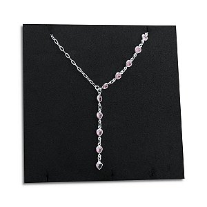 Corrente Feminina Zircônia Rosa Coração Prata 925 Legítima