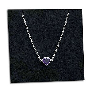 Corrente Feminina Pingente Coração Zircônia Roxo Prata 925