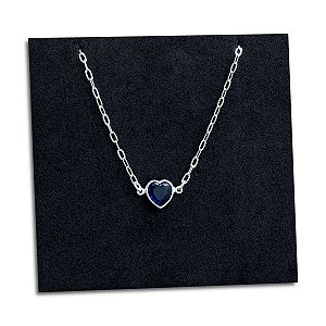 Corrente Feminina Pingente Coração Zircônia Azul Prata 925