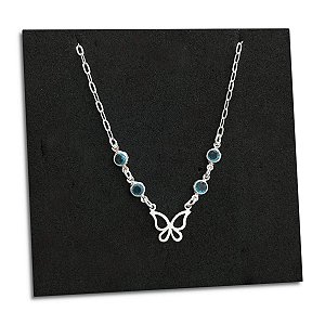 Corrente Feminina Zircônia Azul e Borboleta Prata 925 Maciça