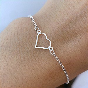 Pulseira Feminina Pingente Coração Prata 925 Legítima Maciça