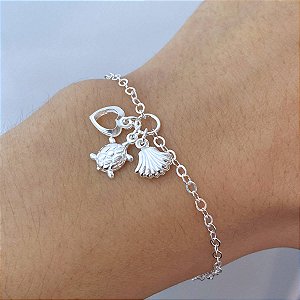 Pulseira Feminina Concha Tartaruga Coração Prata 925 Maciça