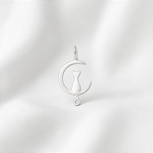 Pingente Feminino Gato e Lua de Prata 925 Original Legítima