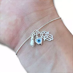 Pulseira Feminina Patuá Olho Grego Mão Fátima Figa Prata 925