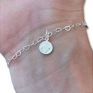 Pulseira Elos Coração São Bento Prata 925 Feminina Legítima
