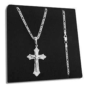 Corrente 3x1 3mm Pingente Crucifixo Jesus Cristo Prata 925