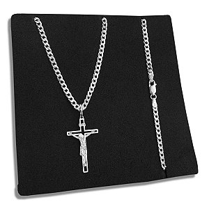 Corrente Grumet 3mm Crucifixo Jesus Cristo Prata 925 Maciça