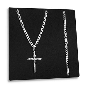 Corrente Grumet 3mm Pingente Crucifixo Jesus Cristo Prata 925