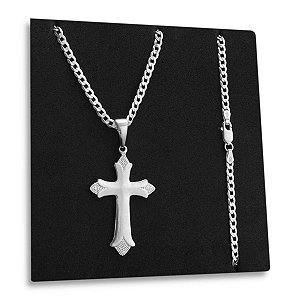 Corrente Grumet 3mm e Pingente Crucifixo Prata 925 Original