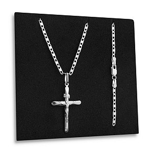 Corrente Piastrine Lacre 2mm Crucifixo Jesus Cristo Prata 925