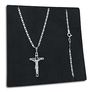 Corrente Piastrine Lacre 2mm Crucifixo Jesus Cristo Prata 925