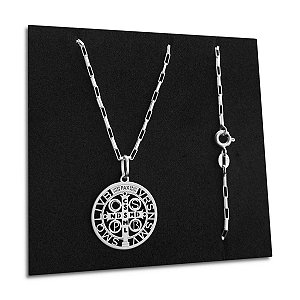 Corrente Tijolinho com Medalha São Bento Prata 925 Original