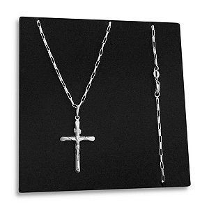 Corrente Tijolinho e Crucifixo Jesus Cristo Prata 925 Maciça