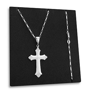 Corrente Tijolinho e Pingente Crucifixo Prata 925 Legítima