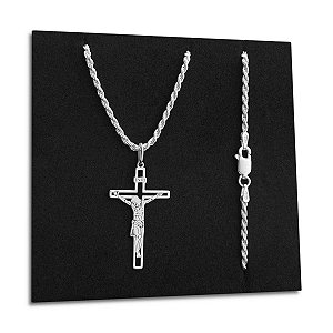 Cordão Baiano com Pingente Crucifixo Jesus Cristo Prata 925