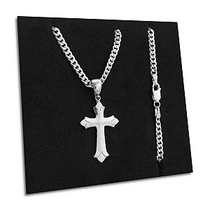 Corrente Masculina Grumet Pingente Crucifixo Prata 925 3mm